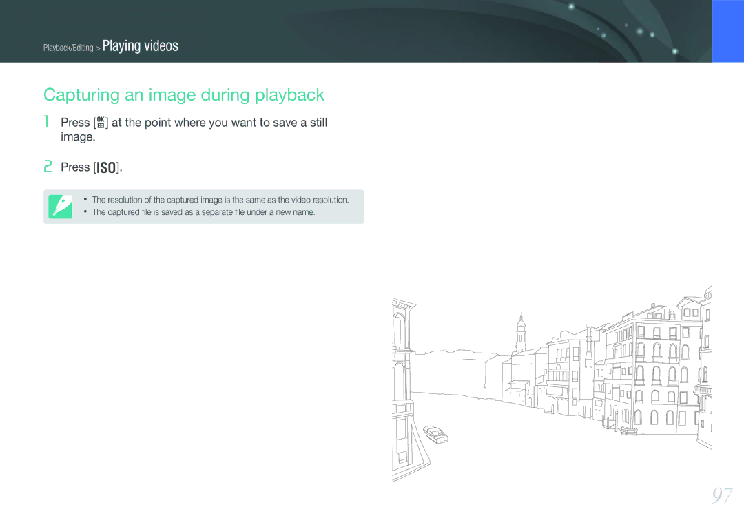 Samsung NX210 user manual Capturing an image during playback, Press o at the point where you want to save a still image 