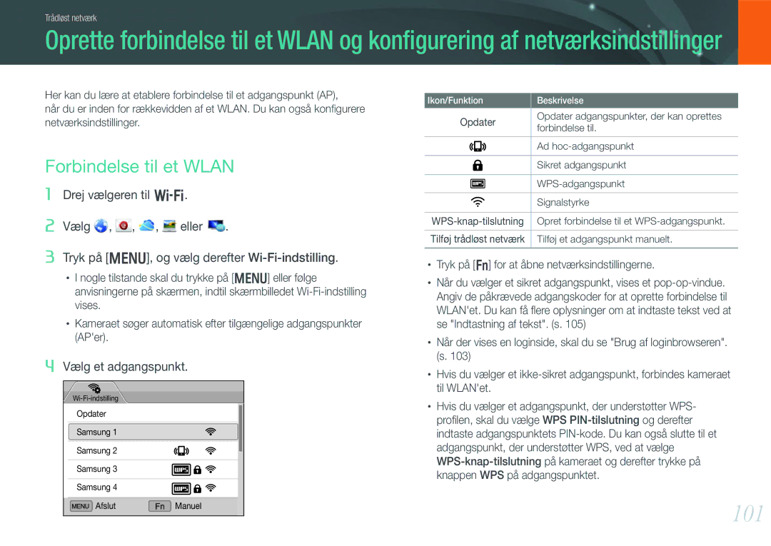 Samsung EV-NX210ZBSTDK, EV-NX210ZBSTSE manual 101, Forbindelse til et Wlan, Opret forbindelse til et WPS-adgangspunkt 