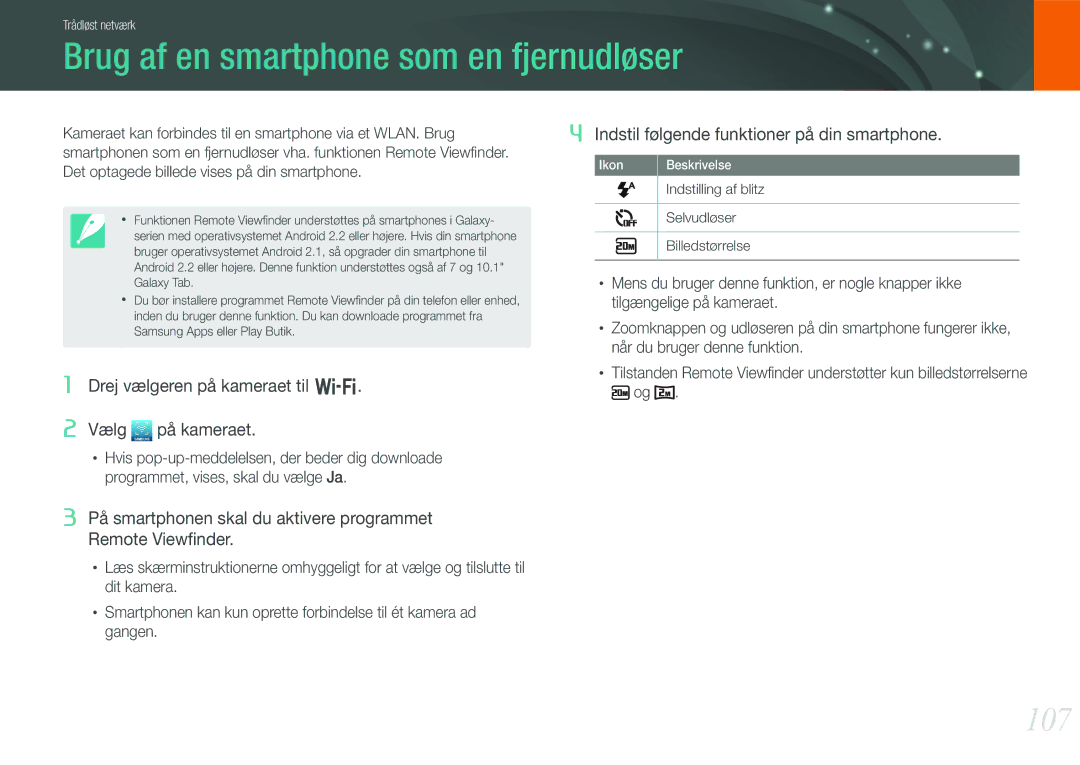 Samsung EV-NX210ZBSTDK, EV-NX210ZBSTSE manual Brug af en smartphone som en fjernudløser, 107, Selvudløser, Billedstørrelse 