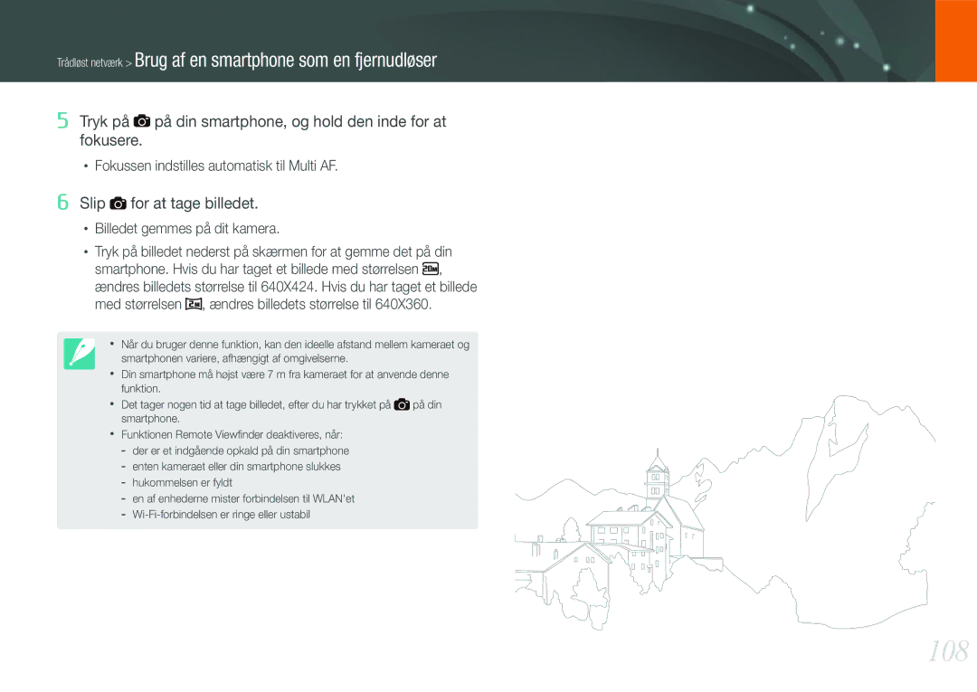 Samsung EV-NX210ZBSTSE, EV-NX210ZBSTDK manual 108, Trådløst netværk Brug af en smartphone som en fjernudløser 