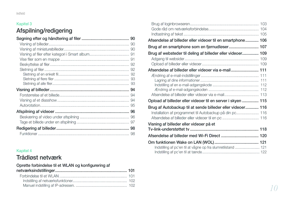 Samsung EV-NX210ZBSTSE Søgning efter og håndtering af ﬁler, Redigering af billeder, Netværksindstillinger 101, 103, 104 