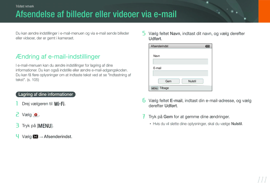Samsung EV-NX210ZBSTDK manual Afsendelse af billeder eller videoer via e-mail, 111, Ændring af e-mail-indstillinger 