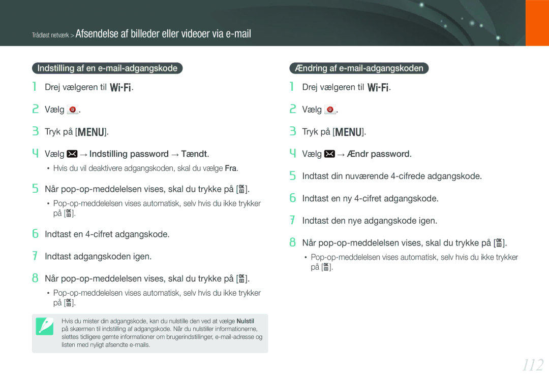 Samsung EV-NX210ZBSTSE, EV-NX210ZBSTDK manual 112, Indstilling af en e-mail-adgangskode, Ændring af e-mail-adgangskoden 