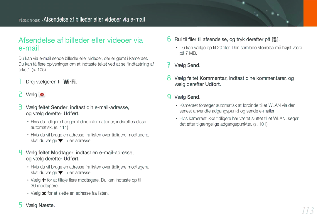 Samsung EV-NX210ZBSTDK, EV-NX210ZBSTSE manual 113, Afsendelse af billeder eller videoer via e-mail 
