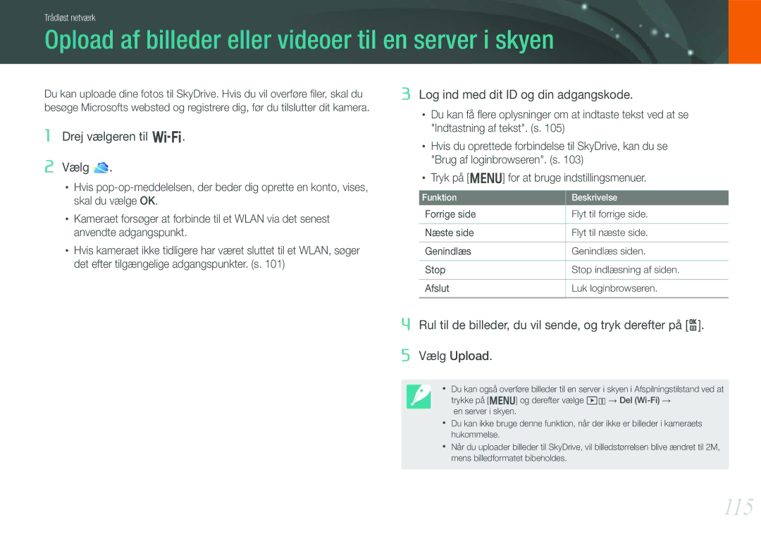 Samsung EV-NX210ZBSTDK, EV-NX210ZBSTSE manual Opload af billeder eller videoer til en server i skyen, 115 