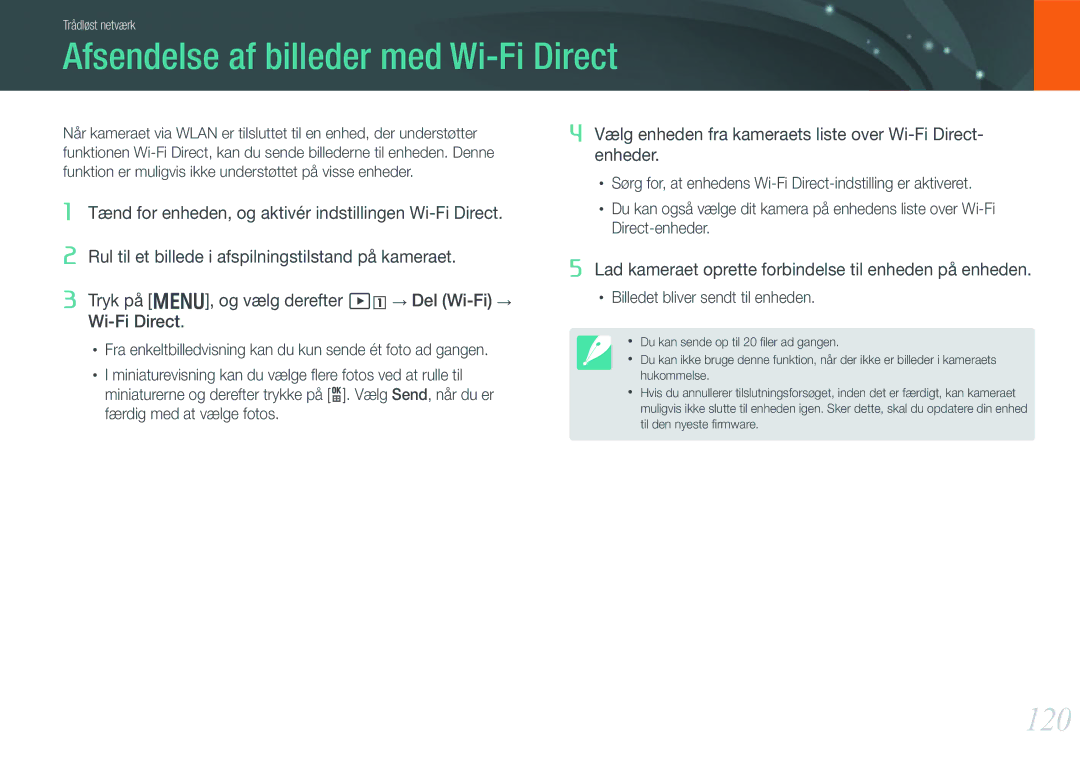 Samsung EV-NX210ZBSTSE, EV-NX210ZBSTDK manual Afsendelse af billeder med Wi-Fi Direct, 120 
