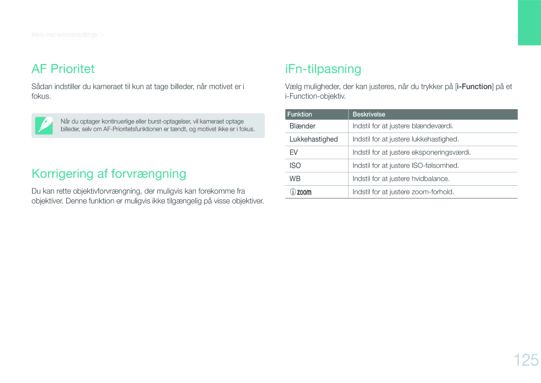 Samsung EV-NX210ZBSTDK, EV-NX210ZBSTSE manual 125, AF Prioritet, Korrigering af forvrængning, IFn-tilpasning 