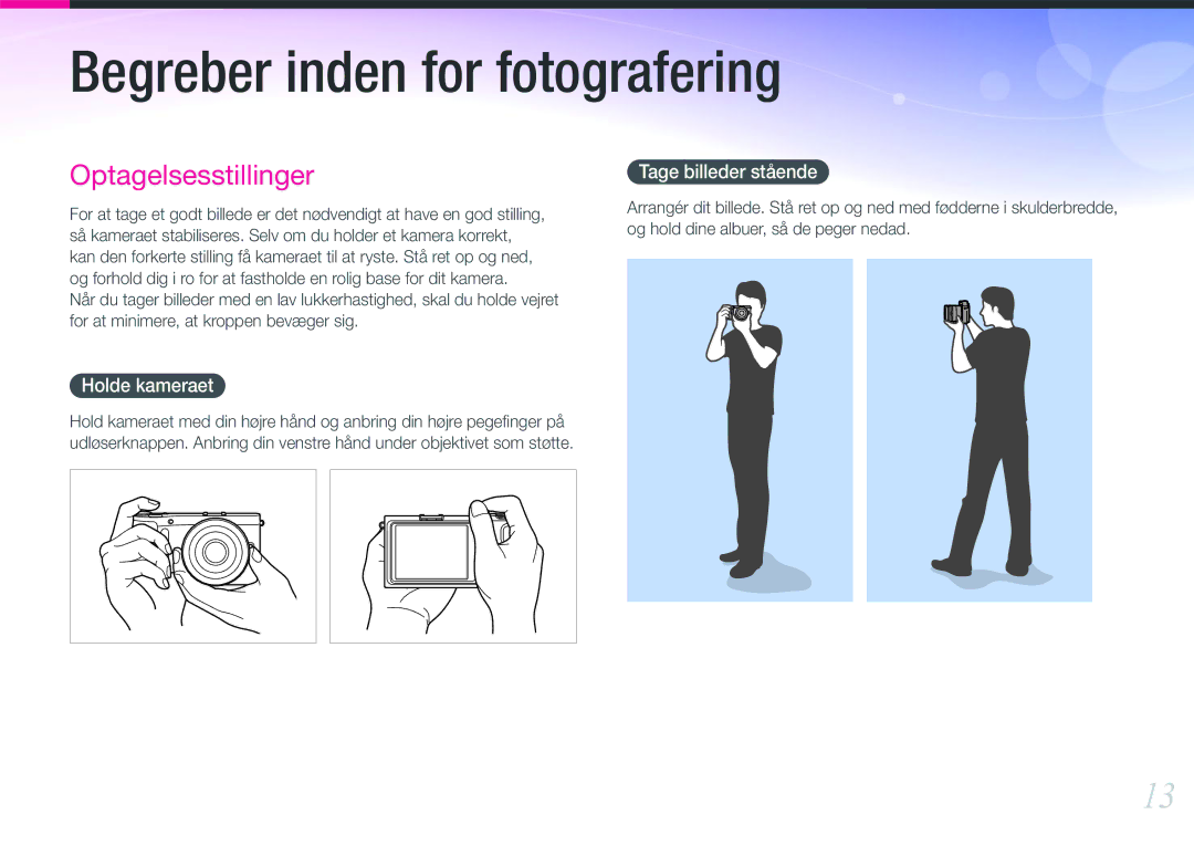 Samsung EV-NX210ZBSTDK, EV-NX210ZBSTSE manual Holde kameraet, Tage billeder stående 