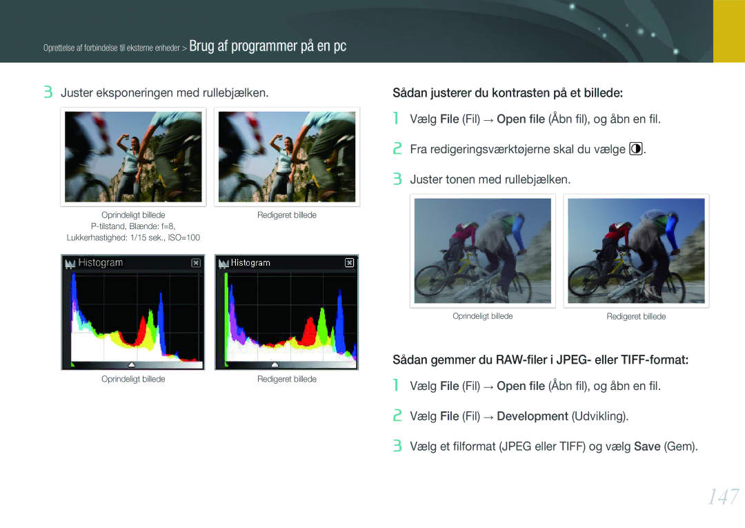 Samsung EV-NX210ZBSTDK 147, Sådan justerer du kontrasten på et billede, Sådan gemmer du RAW-ﬁler i JPEG- eller TIFF-format 
