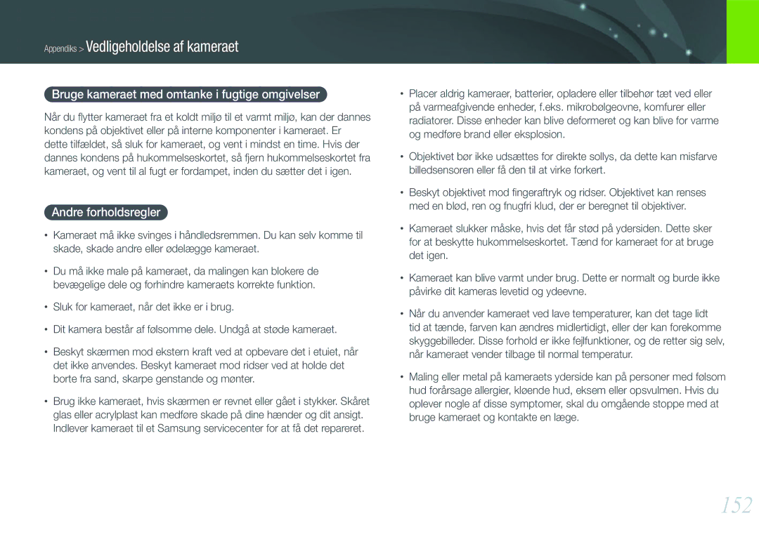 Samsung EV-NX210ZBSTSE, EV-NX210ZBSTDK manual 152, Bruge kameraet med omtanke i fugtige omgivelser, Andre forholdsregler 