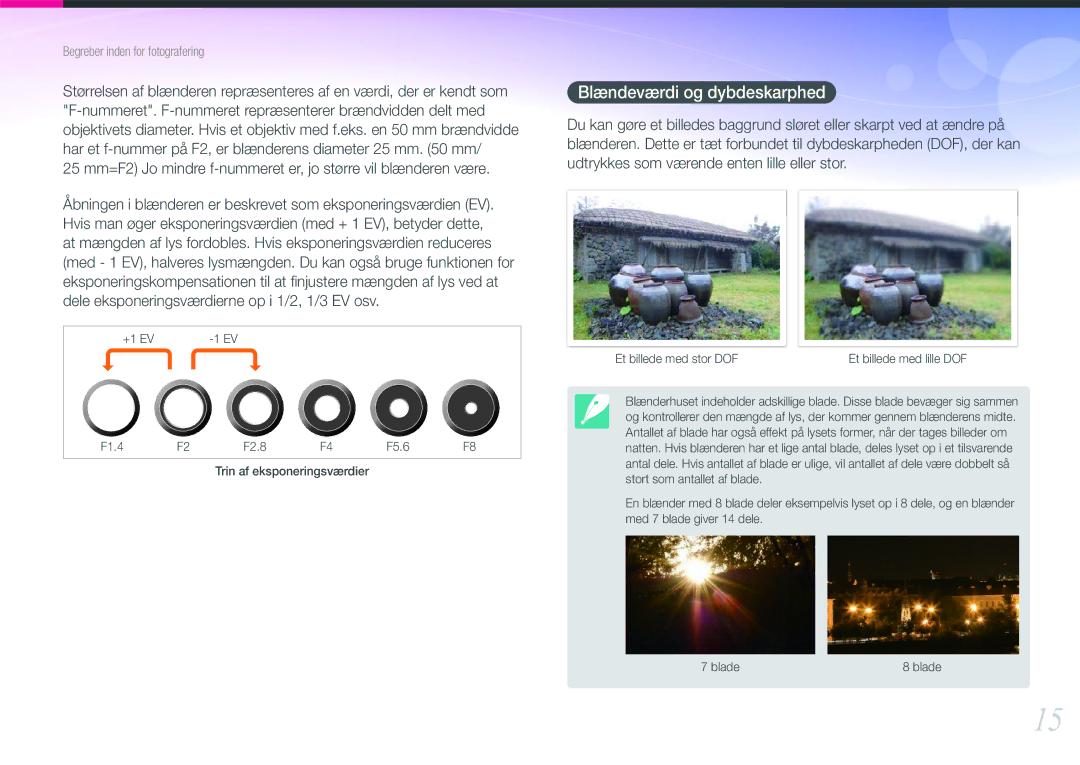 Samsung EV-NX210ZBSTDK, EV-NX210ZBSTSE manual Blændeværdi og dybdeskarphed 