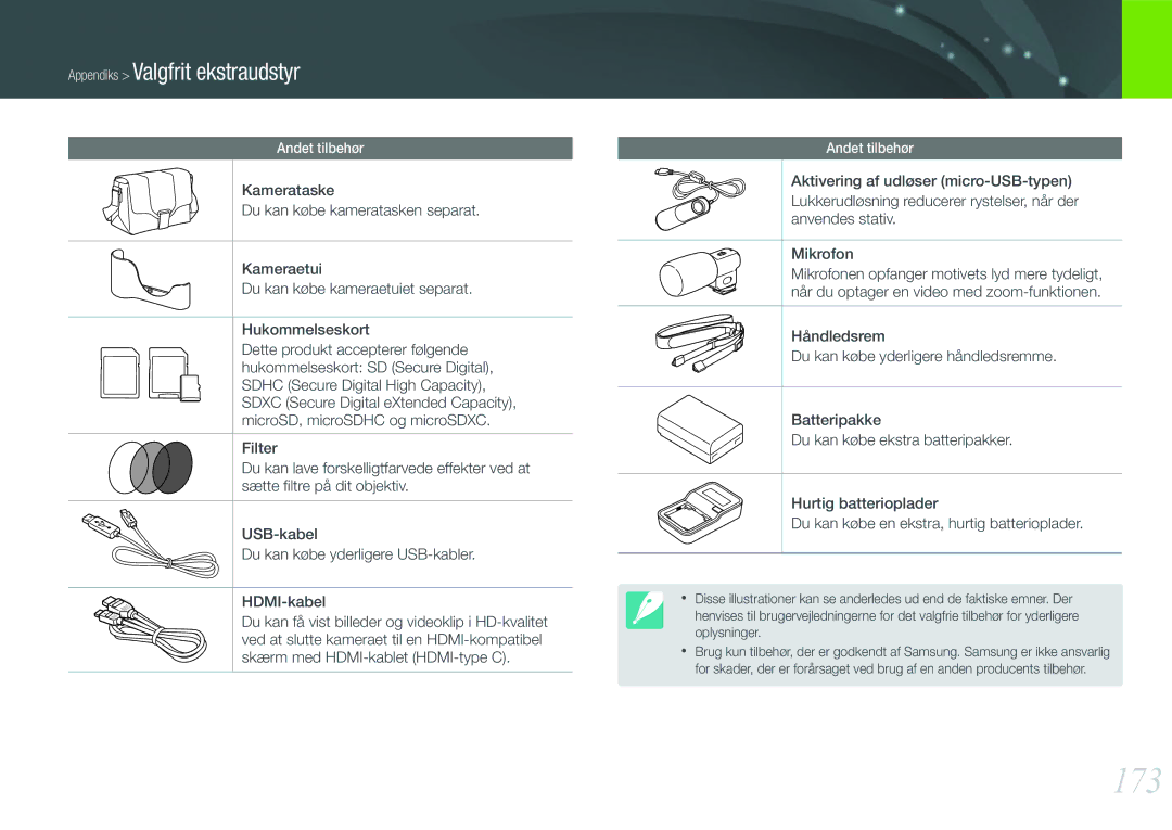 Samsung EV-NX210ZBSTDK, EV-NX210ZBSTSE manual 173, Appendiks Valgfrit ekstraudstyr 
