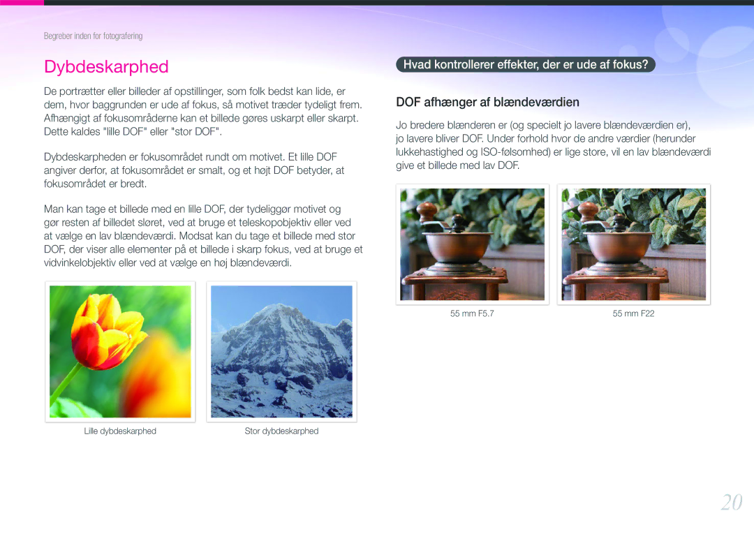 Samsung EV-NX210ZBSTSE, EV-NX210ZBSTDK DOF afhænger af blændeværdien, Hvad kontrollerer effekter, der er ude af fokus? 