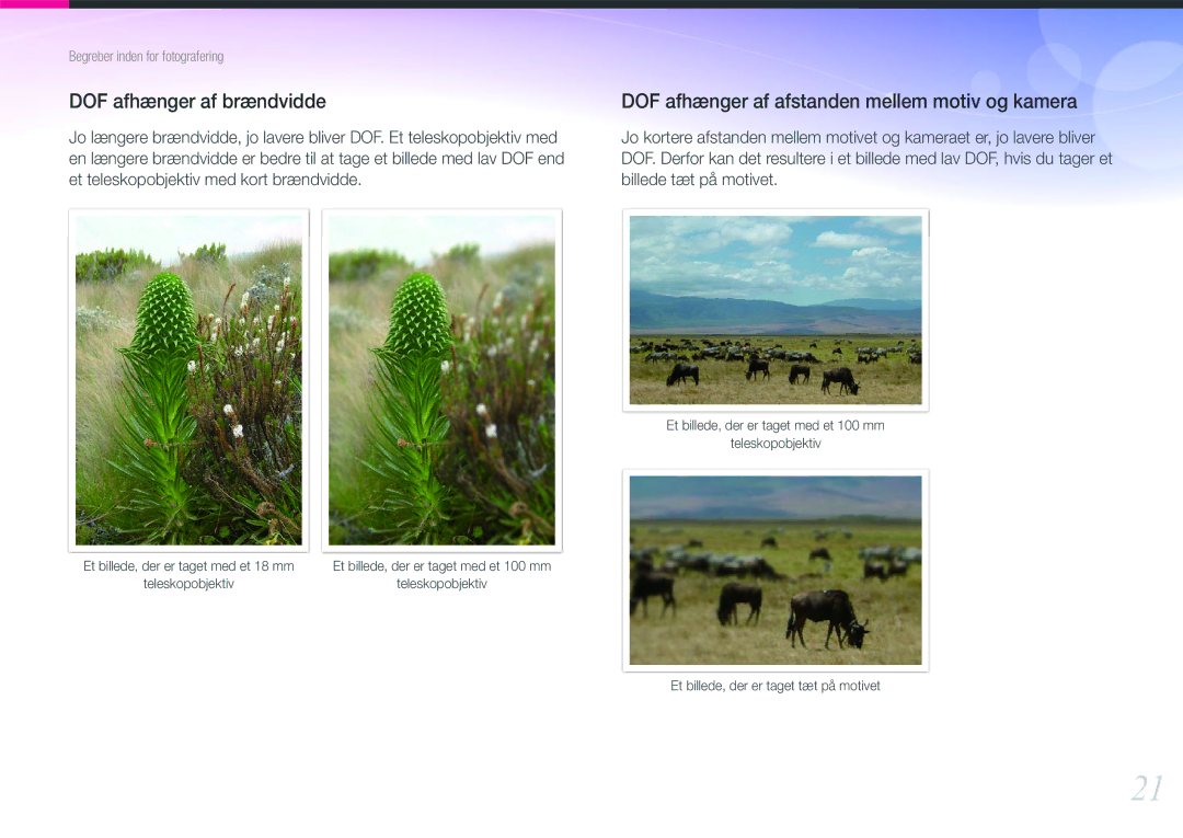 Samsung EV-NX210ZBSTDK, EV-NX210ZBSTSE manual DOF afhænger af brændvidde, DOF afhænger af afstanden mellem motiv og kamera 