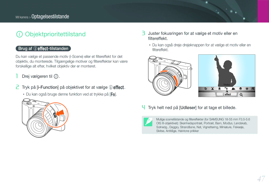 Samsung EV-NX210ZBSTDK, EV-NX210ZBSTSE manual Objektprioritettilstand, Brug af E-tilstanden 