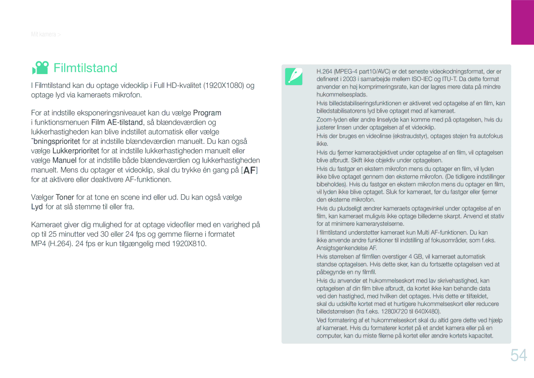 Samsung EV-NX210ZBSTSE, EV-NX210ZBSTDK manual Filmtilstand, MP4 H.264 fps er kun tilgængelig med 