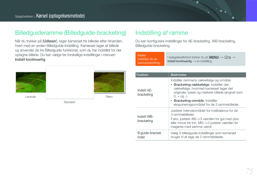 Samsung EV-NX210ZBSTDK, EV-NX210ZBSTSE manual Billedguideramme Billedguide-bracketing, Indstilling af ramme 