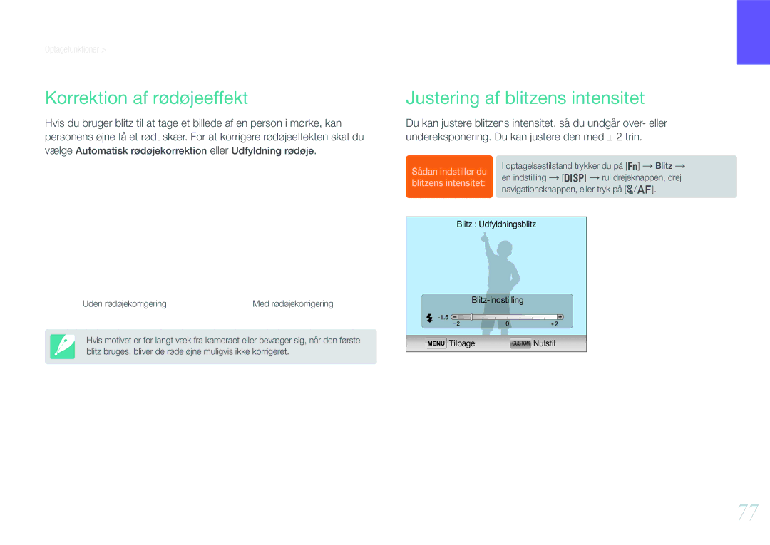 Samsung EV-NX210ZBSTDK, EV-NX210ZBSTSE manual Korrektion af rødøjeeffekt, Justering af blitzens intensitet 