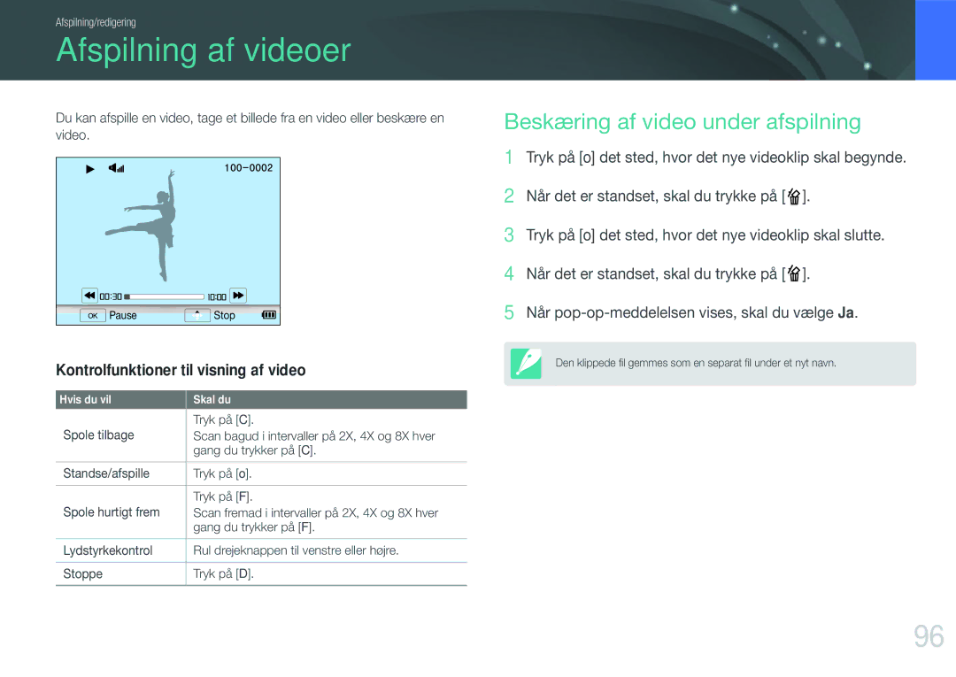 Samsung EV-NX210ZBSTSE Afspilning af videoer, Beskæring af video under afspilning, Kontrolfunktioner til visning af video 