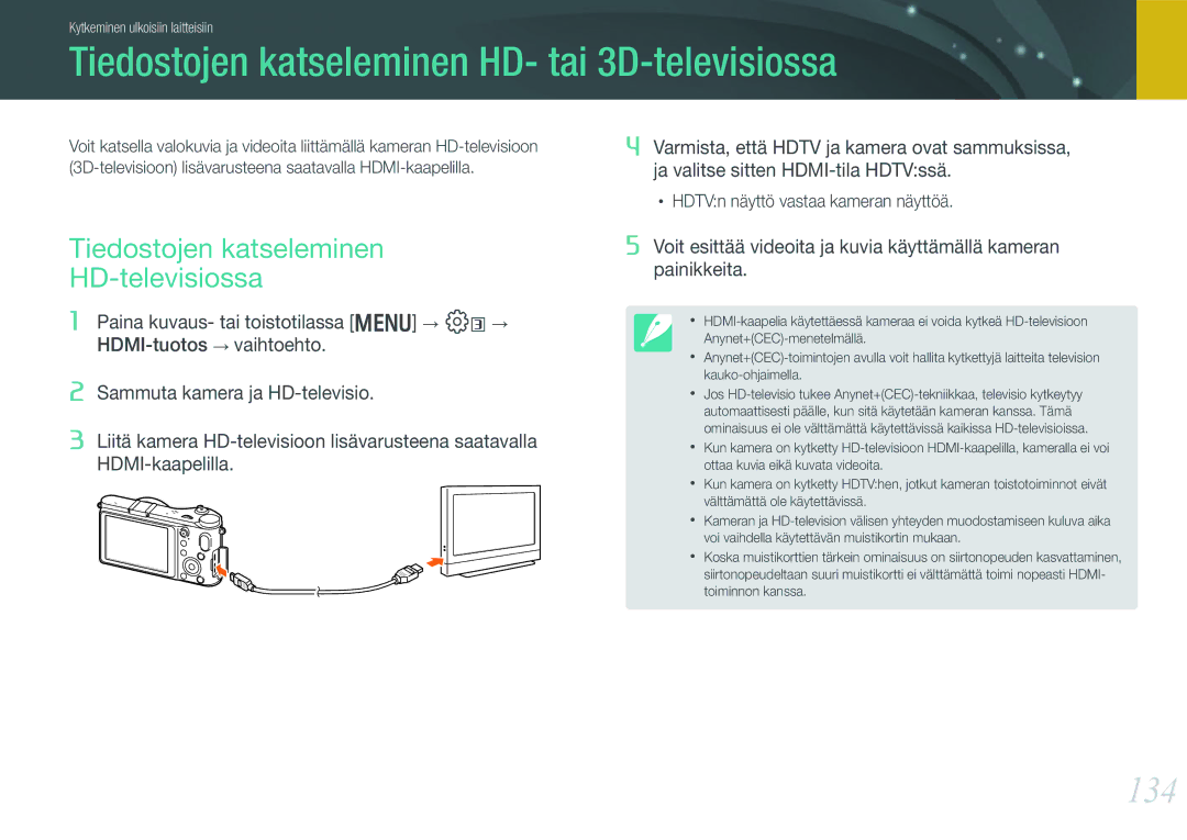 Samsung EV-NX210ZBSTSE Tiedostojen katseleminen HD- tai 3D-televisiossa, 134, Tiedostojen katseleminen HD-televisiossa 