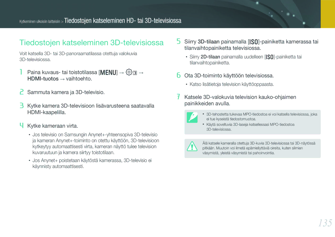 Samsung EV-NX210ZBSTDK, EV-NX210ZBSTSE manual 135, Tiedostojen katseleminen 3D-televisiossa 