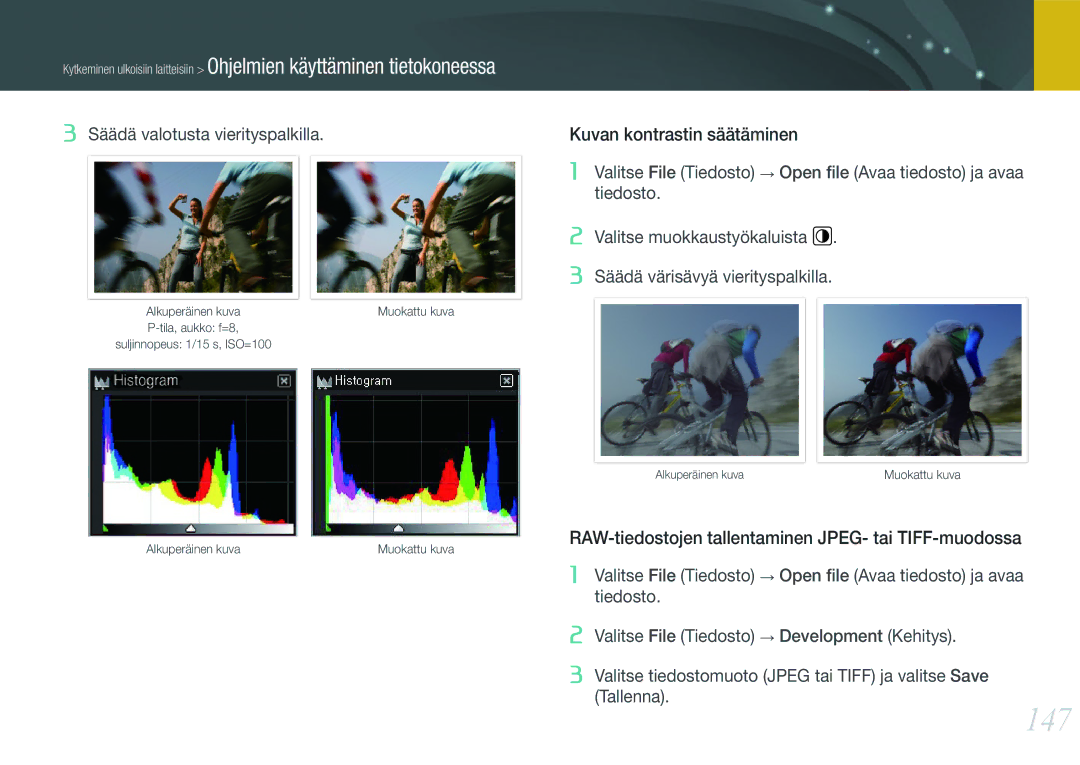 Samsung EV-NX210ZBSTDK, EV-NX210ZBSTSE manual 147, RAW-tiedostojen tallentaminen JPEG- tai TIFF-muodossa 