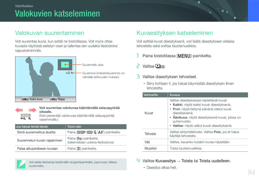 Samsung EV-NX210ZBSTSE manual Valokuvien katseleminen, Valokuvan suurentaminen, Valitse diaesityksessä näytettävät kuvat 