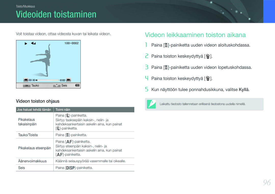 Samsung EV-NX210ZBSTSE, EV-NX210ZBSTDK Videoiden toistaminen, Videon leikkaaminen toiston aikana, Videon toiston ohjaus 