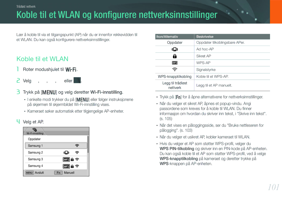 Samsung EV-NX210ZBSTDK, EV-NX210ZBSTSE manual Koble til et Wlan og konﬁgurere nettverksinnstillinger, 101 