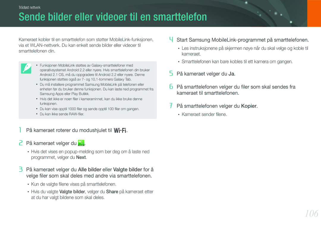 Samsung EV-NX210ZBSTSE, EV-NX210ZBSTDK manual Sende bilder eller videoer til en smarttelefon, 106 
