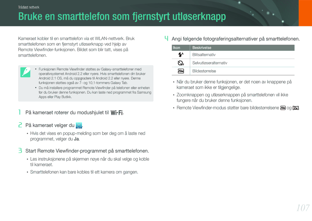 Samsung EV-NX210ZBSTDK manual Bruke en smarttelefon som fjernstyrt utløserknapp, 107, Selvutløseralternativ, Bildestørrelse 