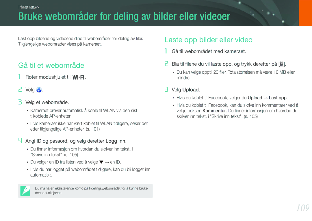 Samsung EV-NX210ZBSTDK, EV-NX210ZBSTSE manual Bruke webområder for deling av bilder eller videoer, 109 
