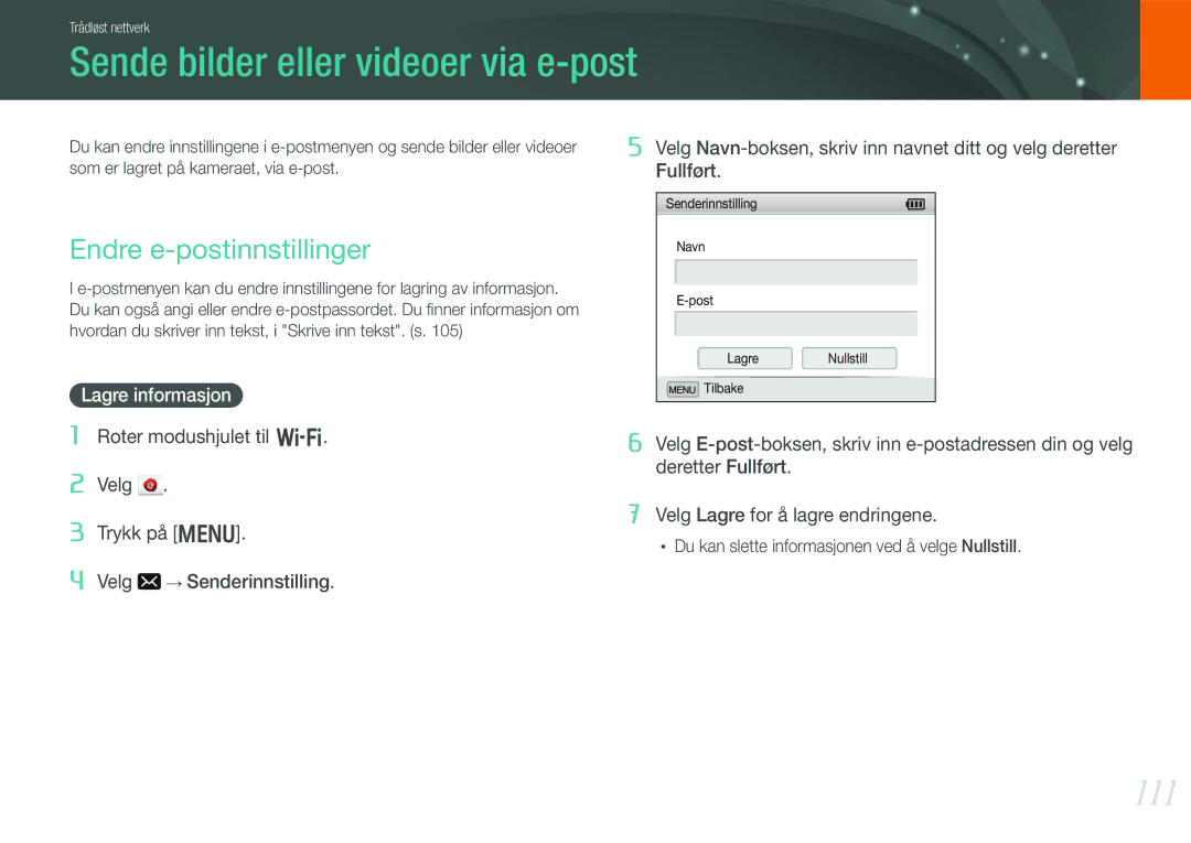 Samsung EV-NX210ZBSTDK manual Sende bilder eller videoer via e-post, 111, Endre e-postinnstillinger, Lagre informasjon 
