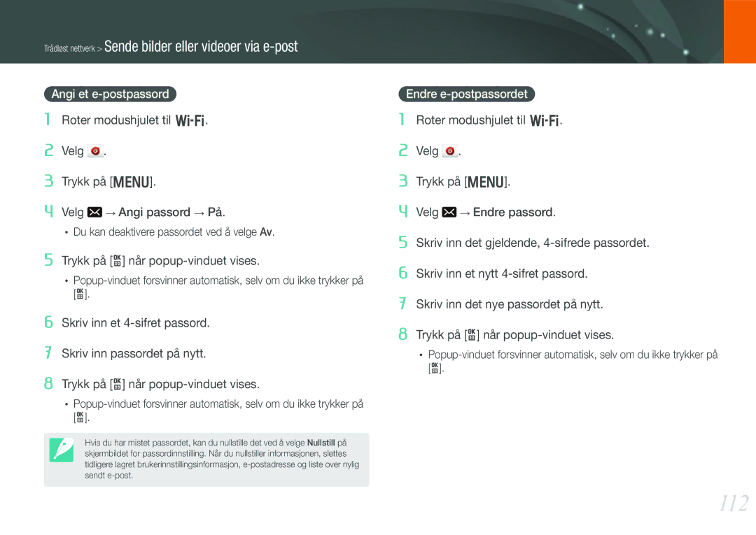 Samsung EV-NX210ZBSTSE, EV-NX210ZBSTDK manual 112, Angi et e-postpassord, Endre e-postpassordet 