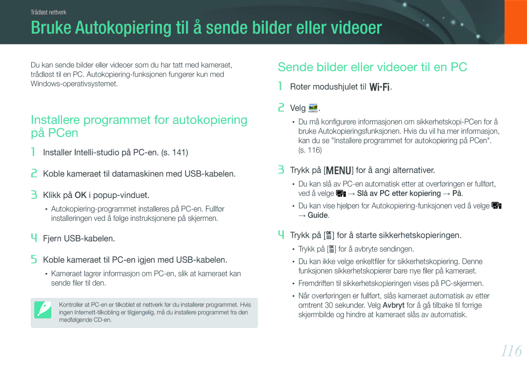 Samsung EV-NX210ZBSTSE Bruke Autokopiering til å sende bilder eller videoer, 116, Sende bilder eller videoer til en PC 