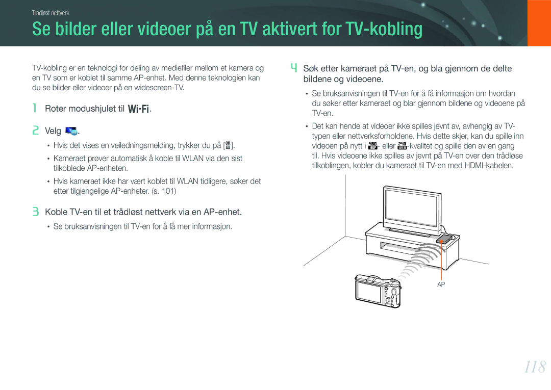 Samsung EV-NX210ZBSTSE, EV-NX210ZBSTDK manual Se bilder eller videoer på en TV aktivert for TV-kobling, 118 