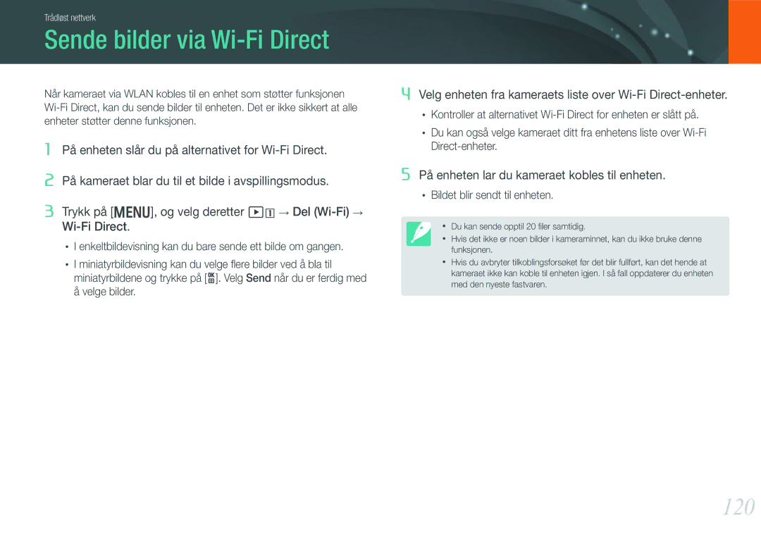 Samsung EV-NX210ZBSTSE, EV-NX210ZBSTDK manual Sende bilder via Wi-Fi Direct, 120 