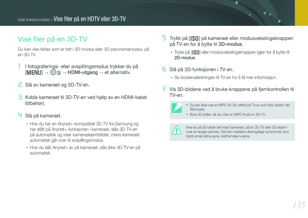 Samsung EV-NX210ZBSTDK, EV-NX210ZBSTSE manual 135, Vise ﬁler på en 3D-TV 