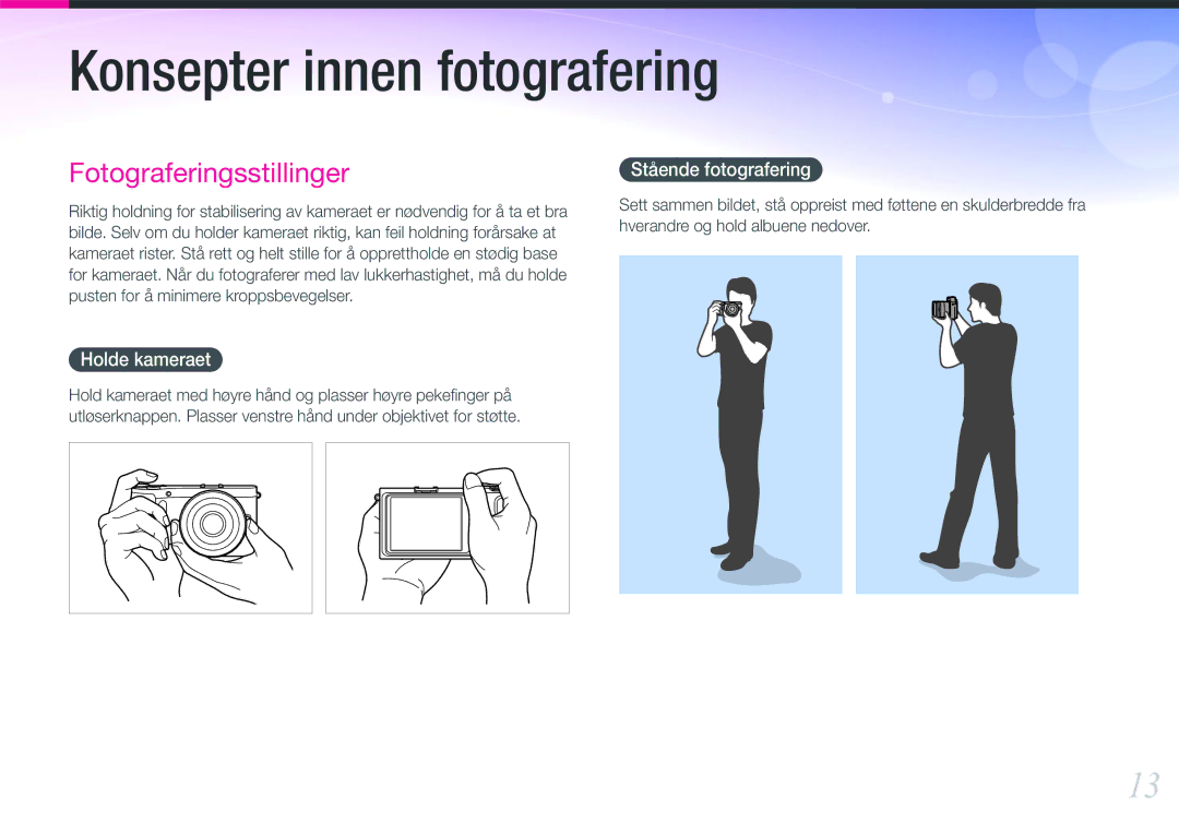 Samsung EV-NX210ZBSTDK, EV-NX210ZBSTSE manual Holde kameraet, Stående fotografering 