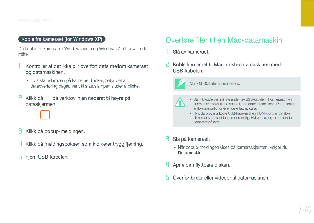 Samsung EV-NX210ZBSTSE, EV-NX210ZBSTDK manual 140, Overføre ﬁler til en Mac-datamaskin, Koble fra kameraet for Windows XP 