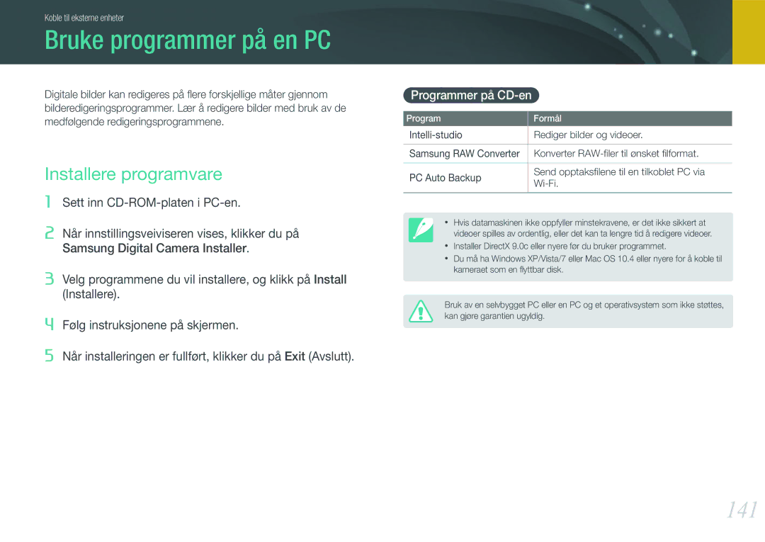 Samsung EV-NX210ZBSTDK, EV-NX210ZBSTSE manual Bruke programmer på en PC, 141, Installere programvare, Programmer på CD-en 