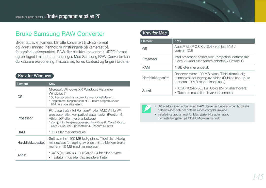 Samsung EV-NX210ZBSTDK, EV-NX210ZBSTSE manual 145, Bruke Samsung RAW Converter, Krav for Windows, Krav for Mac 