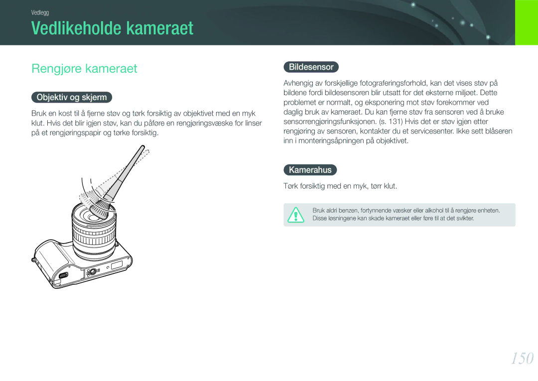 Samsung EV-NX210ZBSTSE, EV-NX210ZBSTDK manual Vedlikeholde kameraet, 150, Rengjøre kameraet 