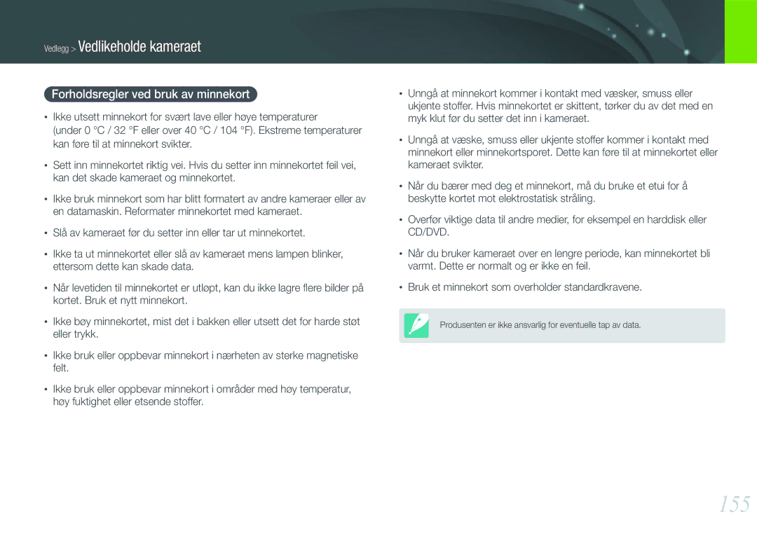 Samsung EV-NX210ZBSTDK, EV-NX210ZBSTSE manual 155, Forholdsregler ved bruk av minnekort 
