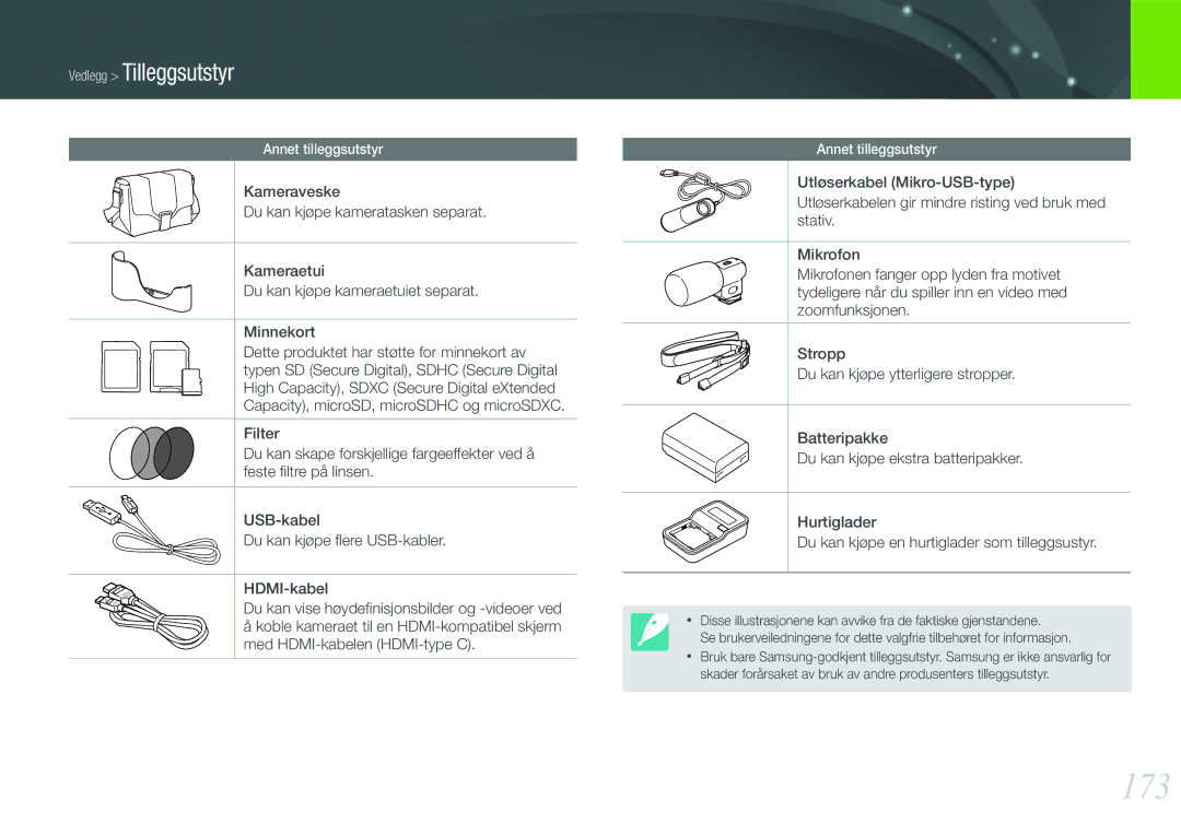 Samsung EV-NX210ZBSTDK, EV-NX210ZBSTSE manual 173, Vedlegg Tilleggsutstyr 