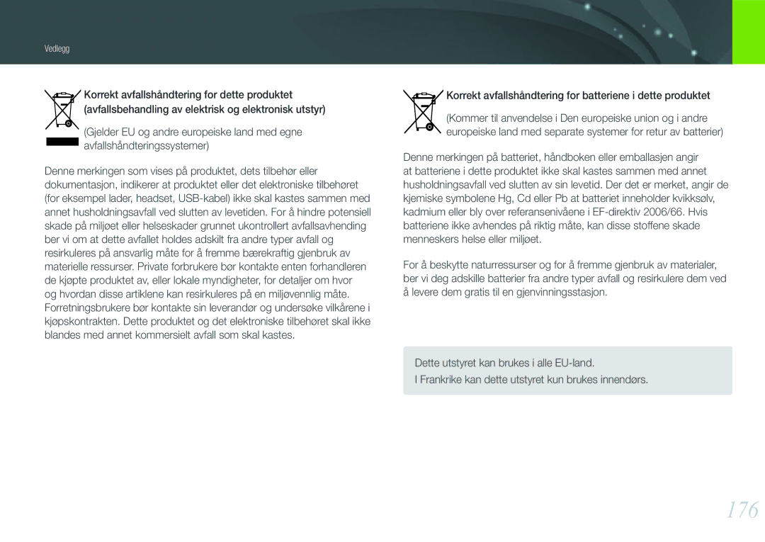 Samsung EV-NX210ZBSTSE, EV-NX210ZBSTDK manual 176, Korrekt avfallshåndtering for batteriene i dette produktet 