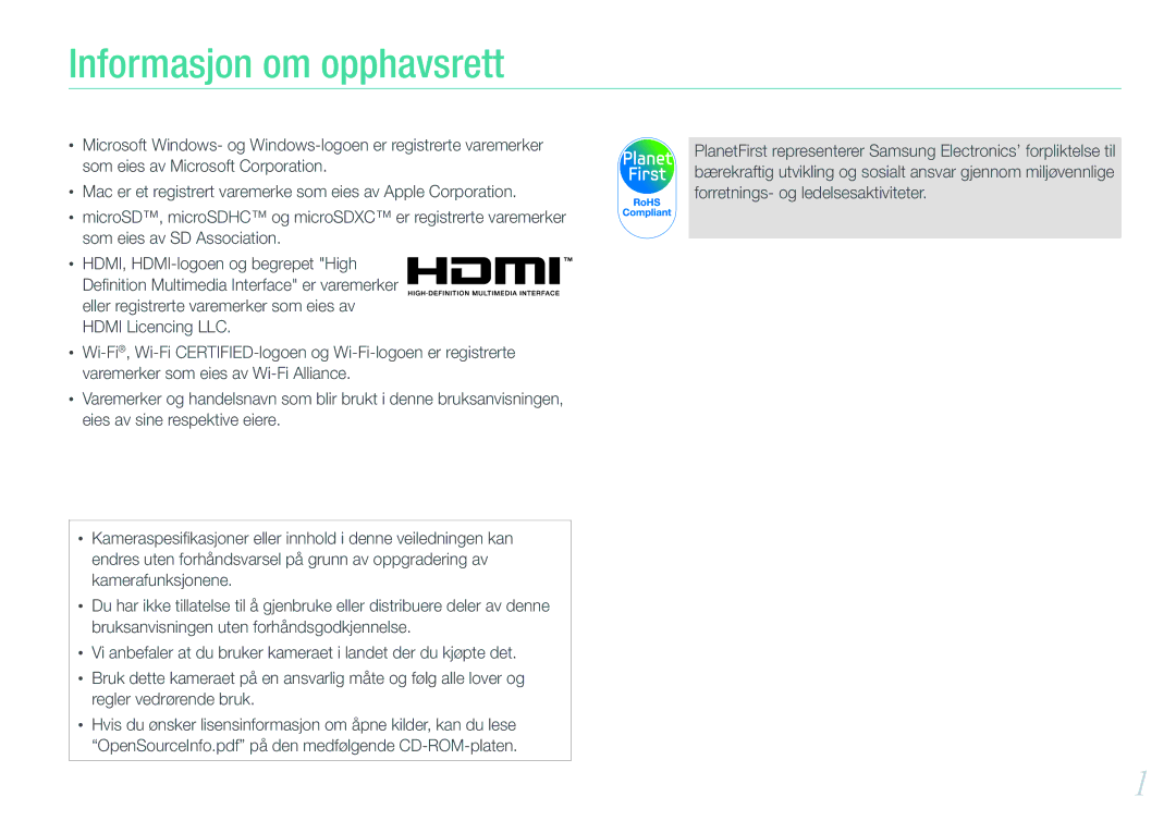 Samsung EV-NX210ZBSTDK, EV-NX210ZBSTSE manual Informasjon om opphavsrett 