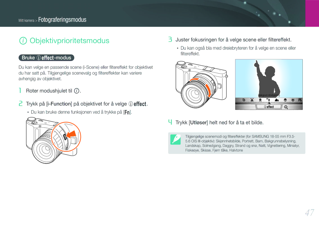 Samsung EV-NX210ZBSTDK, EV-NX210ZBSTSE manual Objektivprioritetsmodus, Bruke E-modus 