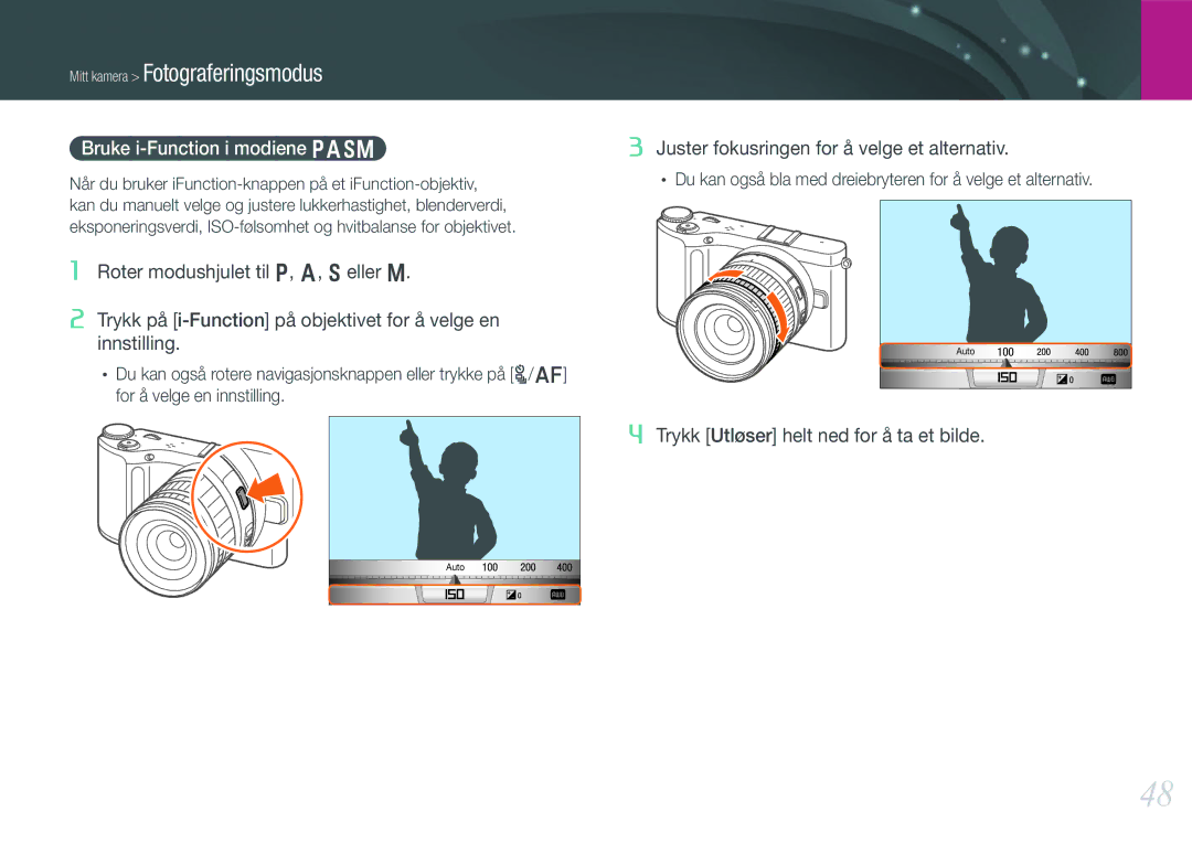 Samsung EV-NX210ZBSTSE, EV-NX210ZBSTDK manual Bruke i-Function i modiene Pasm 