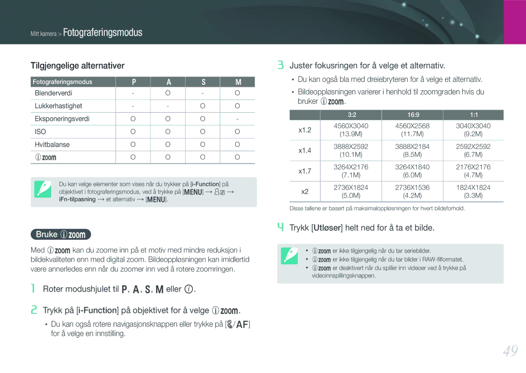 Samsung EV-NX210ZBSTDK, EV-NX210ZBSTSE manual Tilgjengelige alternativer, Bruke Z 